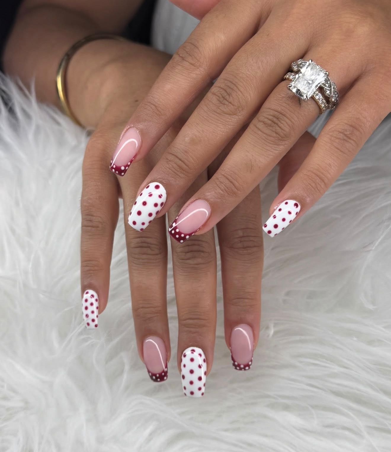 Burgundy polka dot square nails