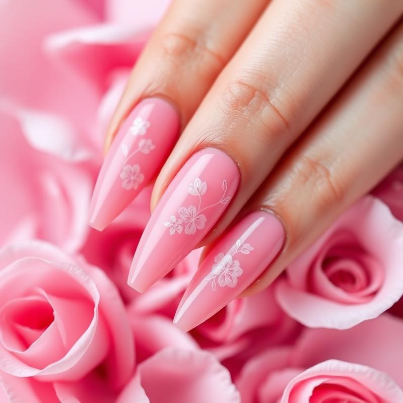 Pink gel manicure with floral nail art